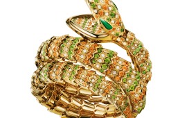 'Serpenti' watch - 18ct yellow gold, diamonds, spessartite and tsavorites, with malachite eyes. POR. Bulgari