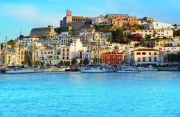 Ibiza Eivissa town with blue Mediterranean sea city view