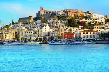 Ibiza Eivissa town with blue Mediterranean sea city view