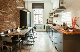 Kitchen from ‘British Standard Cupboards’. Cupboards painted in ‘Charcoal’ by Dulux. Worktops and upstands in Iroko.